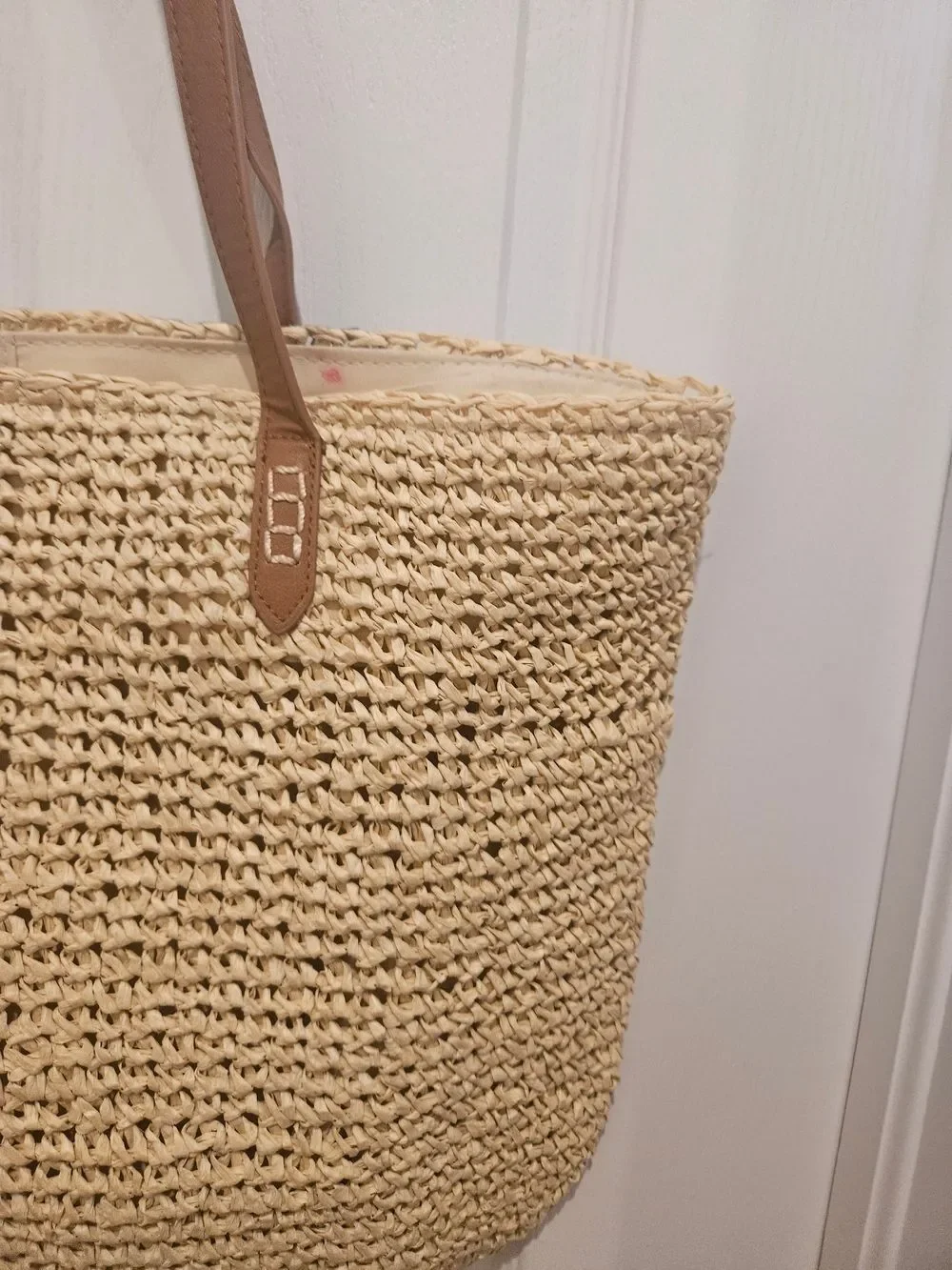Macy's Woven Straw Tote with Green & Black Leaf Print and Brown Straps